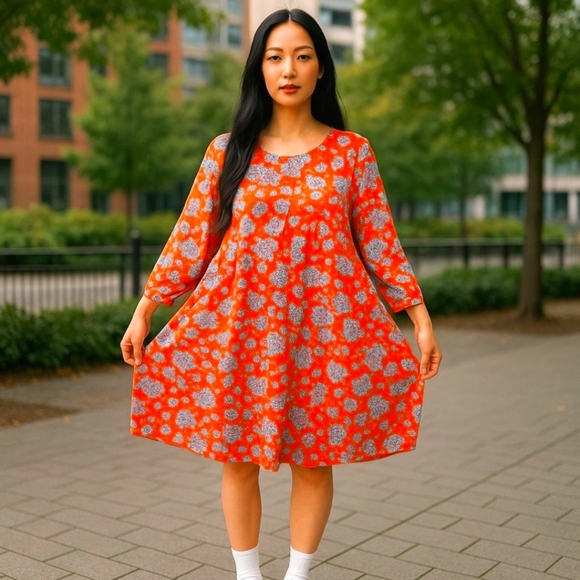 Reborn FLORAL SWING DRESS WITH 2 POCKETS Orange Blue White Flowers Size LARGE - Picture 1 of 8